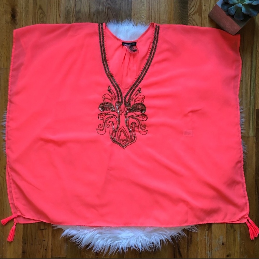 Beaded Beach Tunic Neon Coral